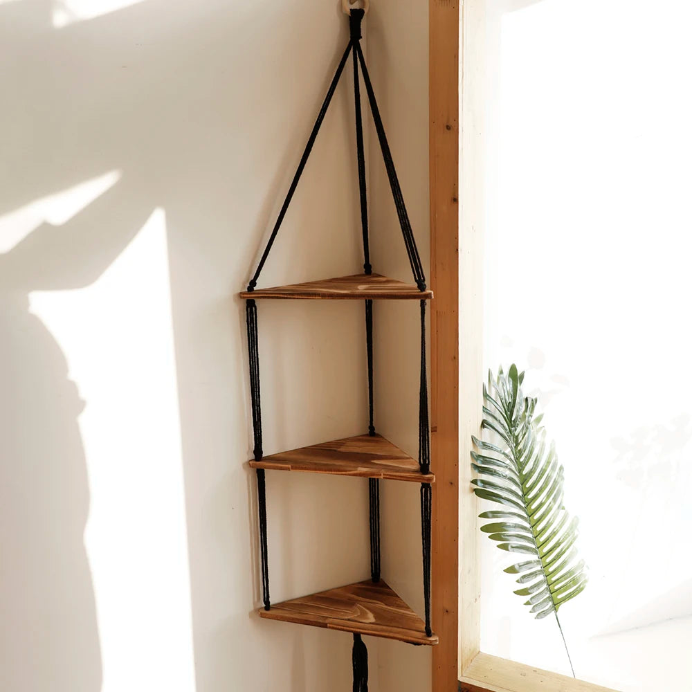 3-tier Triangle Wooden Wall Hanging Floating Wall Shelf Corner Storage Rack Home Decorations Plant Flower Pot Tray Display Stand