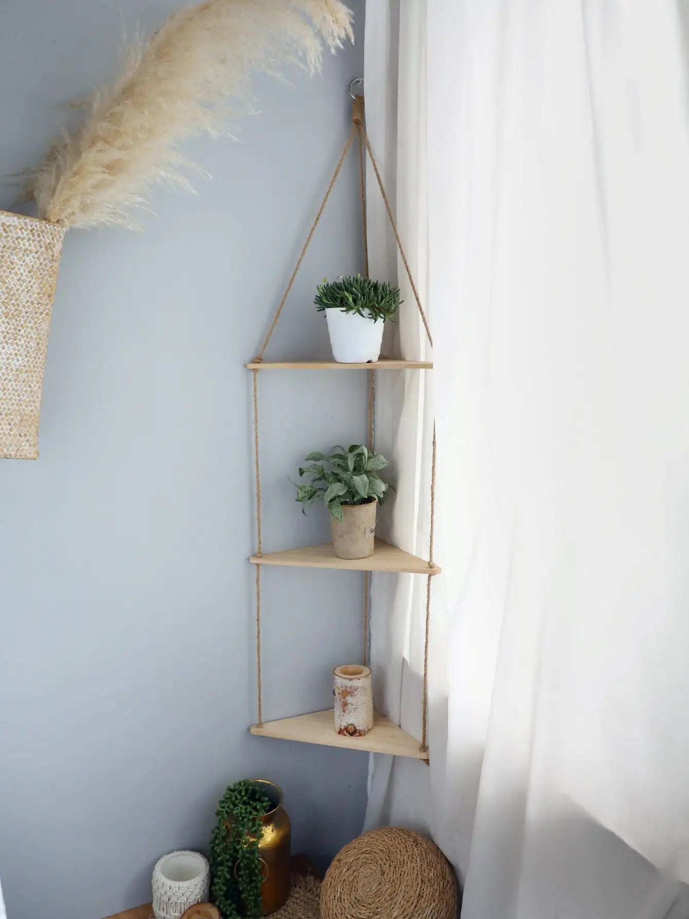 3-tier Triangle Wooden Wall Hanging Floating Wall Shelf Corner Storage Rack Home Decorations Plant Flower Pot Tray Display Stand