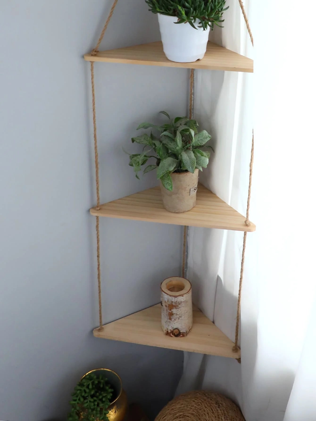 3-tier Triangle Wooden Wall Hanging Floating Wall Shelf Corner Storage Rack Home Decorations Plant Flower Pot Tray Display Stand