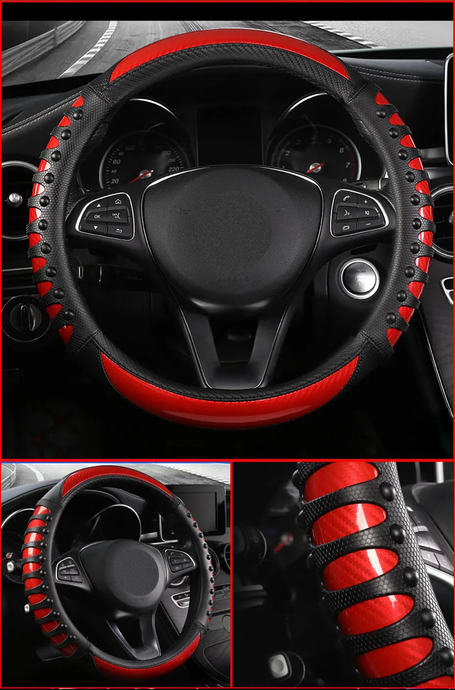 SEAMETAL Premium Steering Wheel Cover Carbon Fiber Sport Steer Wheel Cover Protector with Massage Studs Anti Skid 38CM Universal