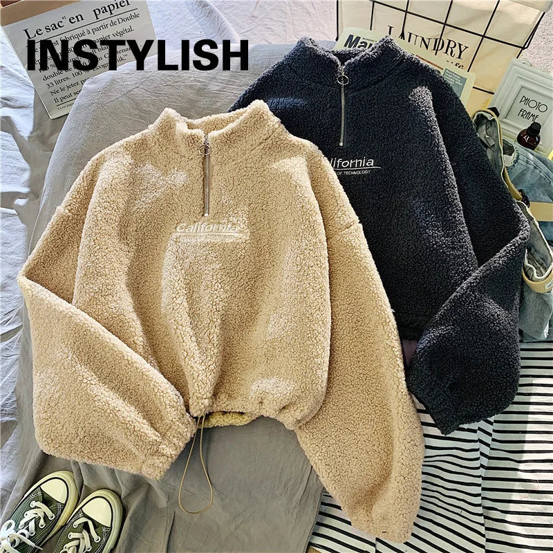 Women Stand Neck Fleece Cropped Hoodies Autumn Letter Embroidery Long Sleeve Drawstring Sweatshirt Elegant Plush Velvet Tops