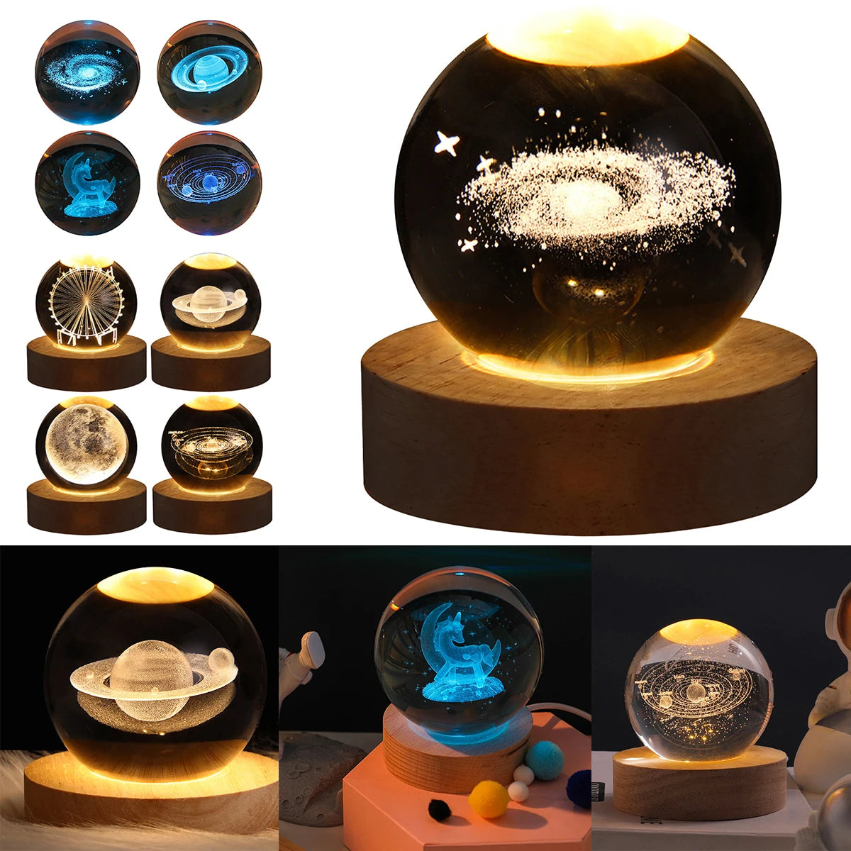 Crystal Ball LED Night Light Galaxy 3D Planet Moon Lamp Bedroom Home Decor for Kids Party Children Birthday Christmas Gifts