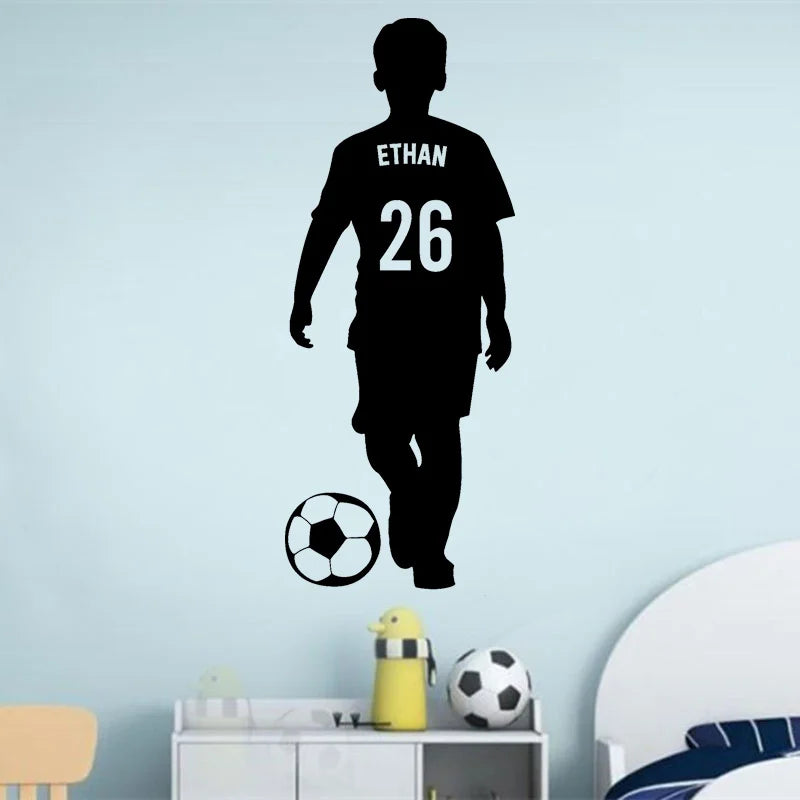 Custom Name and Number Soccer Player Wall Decal Home Decor for Boys Room Sport Football Vinyl Stickers Personalized Mural G001