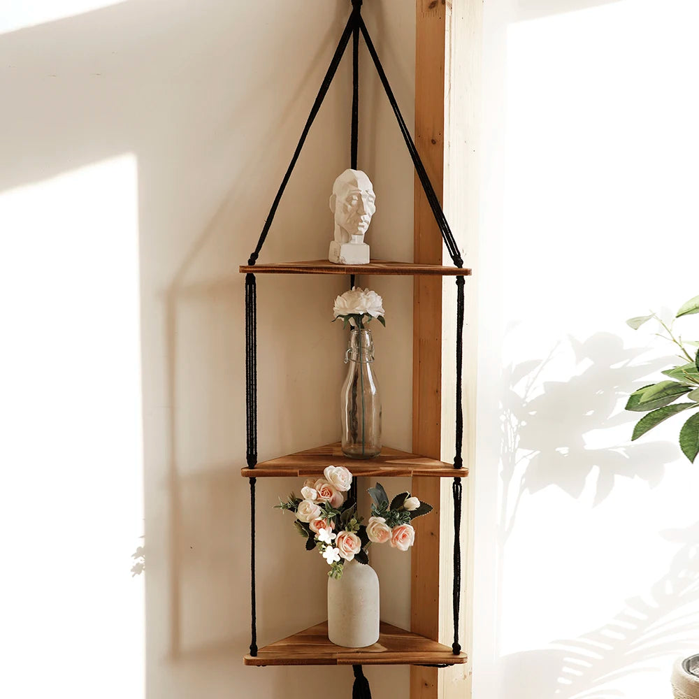 3-tier Triangle Wooden Wall Hanging Floating Wall Shelf Corner Storage Rack Home Decorations Plant Flower Pot Tray Display Stand