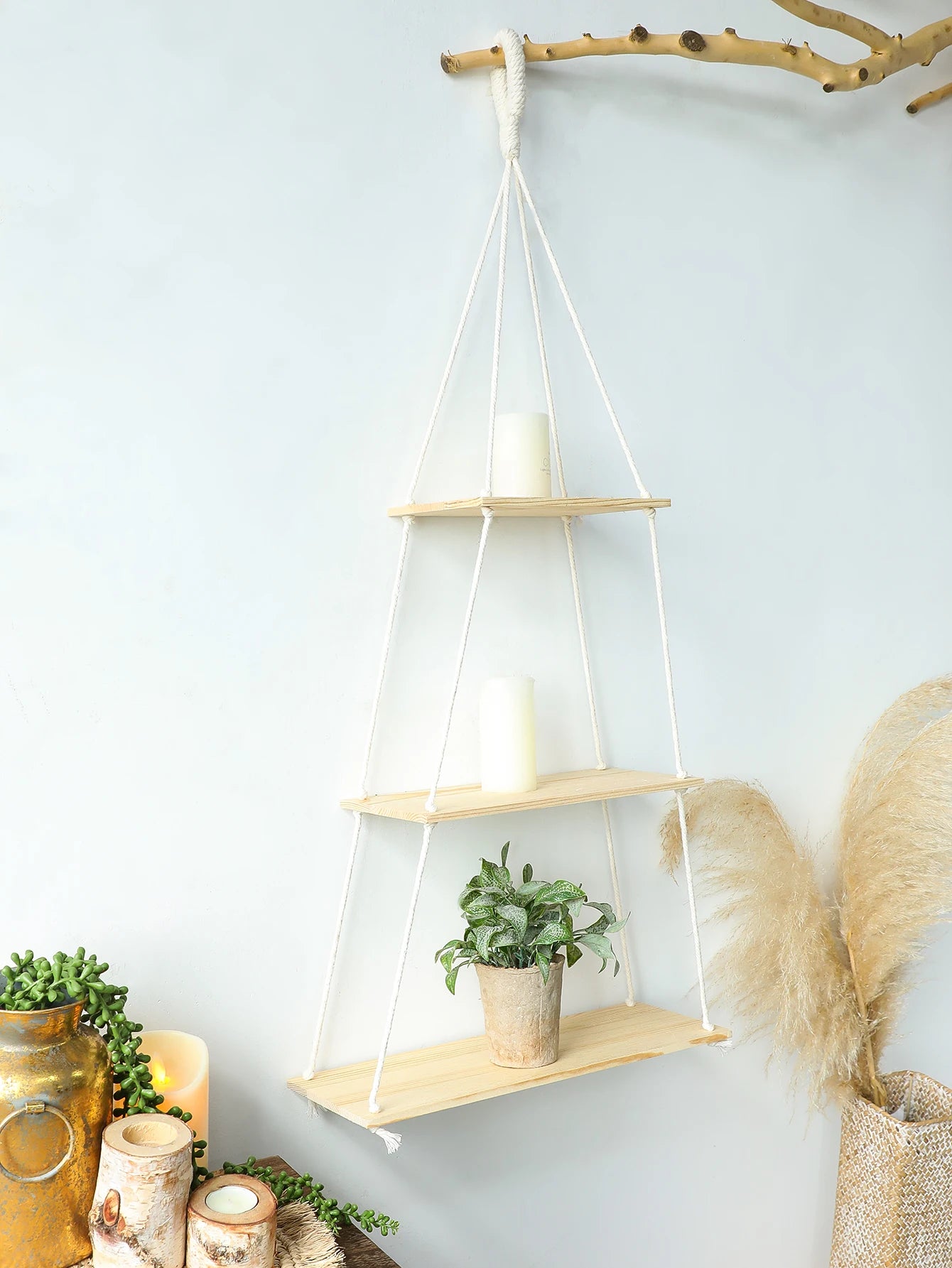 3-tier Triangle Wooden Wall Hanging Floating Wall Shelf Corner Storage Rack Home Decorations Plant Flower Pot Tray Display Stand