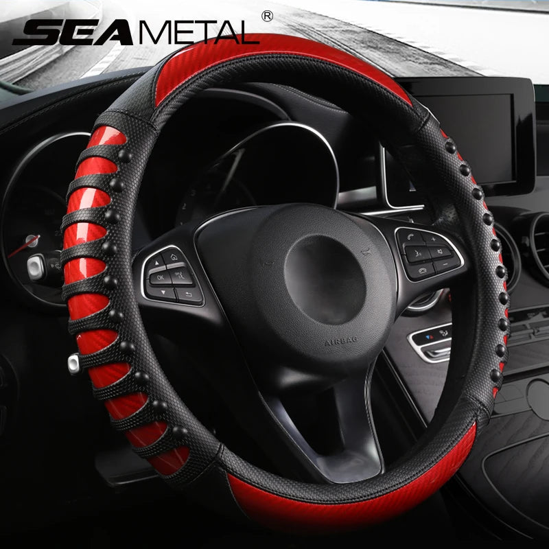 SEAMETAL Premium Steering Wheel Cover Carbon Fiber Sport Steer Wheel Cover Protector with Massage Studs Anti Skid 38CM Universal