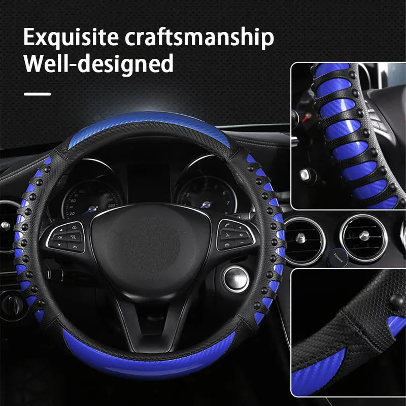 SEAMETAL Premium Steering Wheel Cover Carbon Fiber Sport Steer Wheel Cover Protector with Massage Studs Anti Skid 38CM Universal