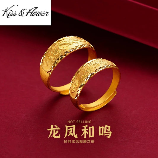 KISS&FLOWER Gold Engagement Rings For Women 24KT Dragon Phoenix Couple Lovers Ring Fine Jewelry Wedding Bride Groom Gift RI188