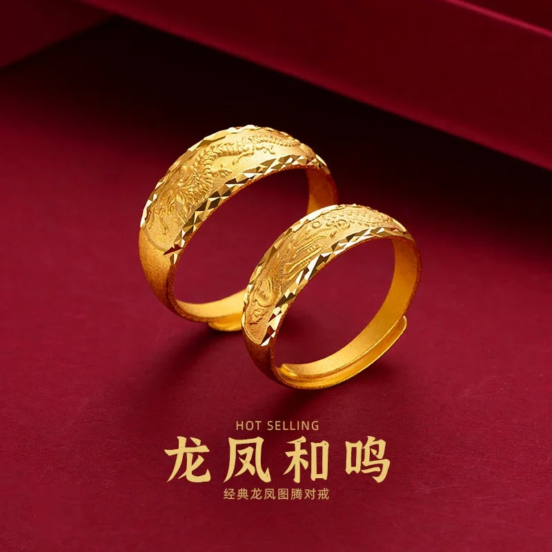 KISS&FLOWER Gold Engagement Rings For Women 24KT Dragon Phoenix Couple Lovers Ring Fine Jewelry Wedding Bride Groom Gift RI188