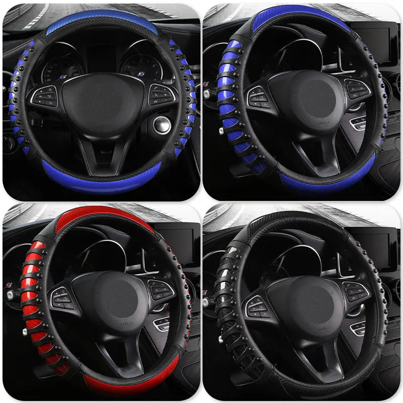 SEAMETAL Premium Steering Wheel Cover Carbon Fiber Sport Steer Wheel Cover Protector with Massage Studs Anti Skid 38CM Universal