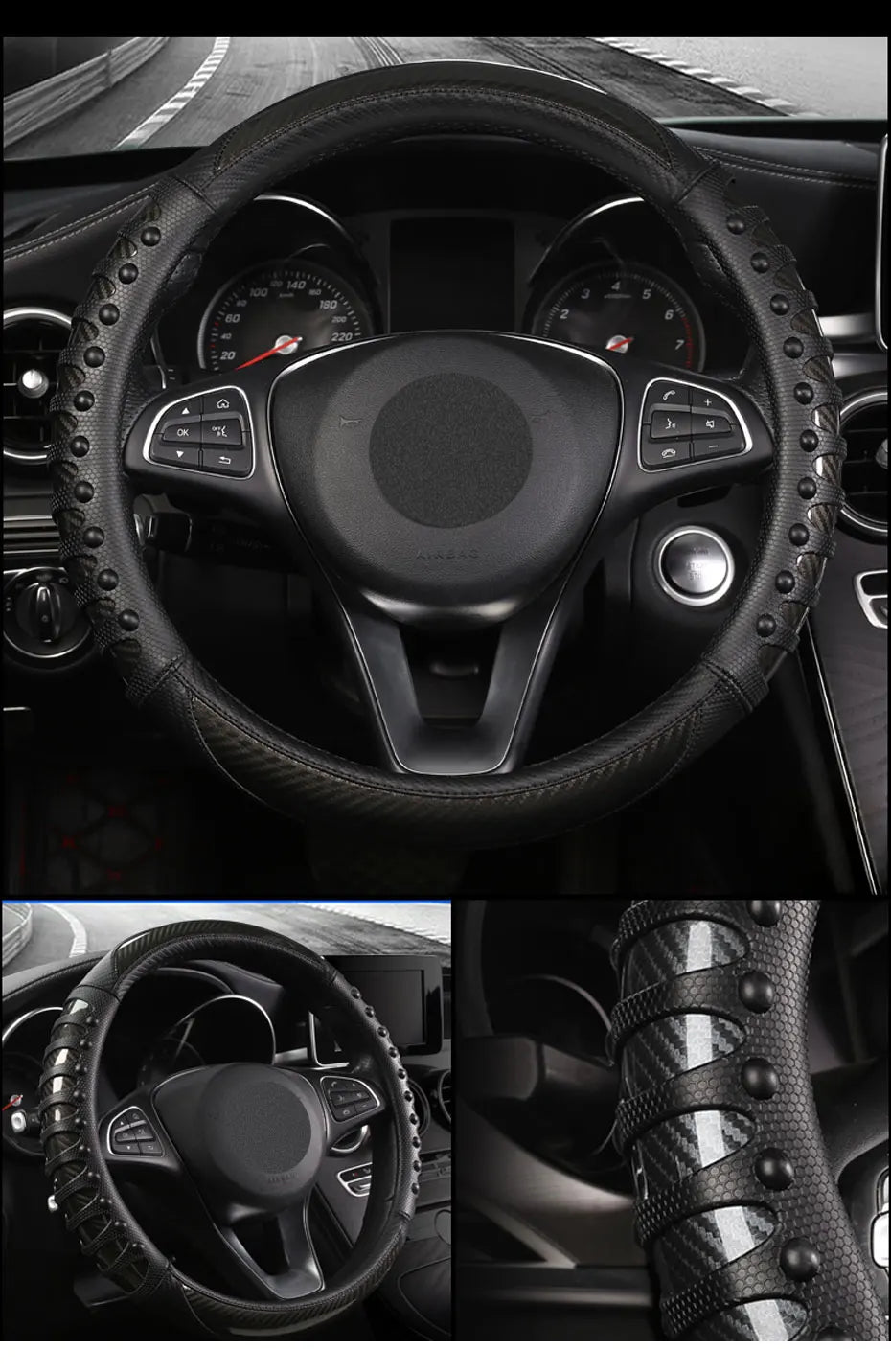 SEAMETAL Premium Steering Wheel Cover Carbon Fiber Sport Steer Wheel Cover Protector with Massage Studs Anti Skid 38CM Universal