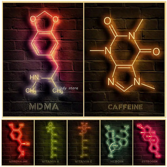 Modern Chemistry Neon Molecules Sign Psilocybin Xanax Thc Posters Canvas Painting Wall Art Picture Home Living Room Decor