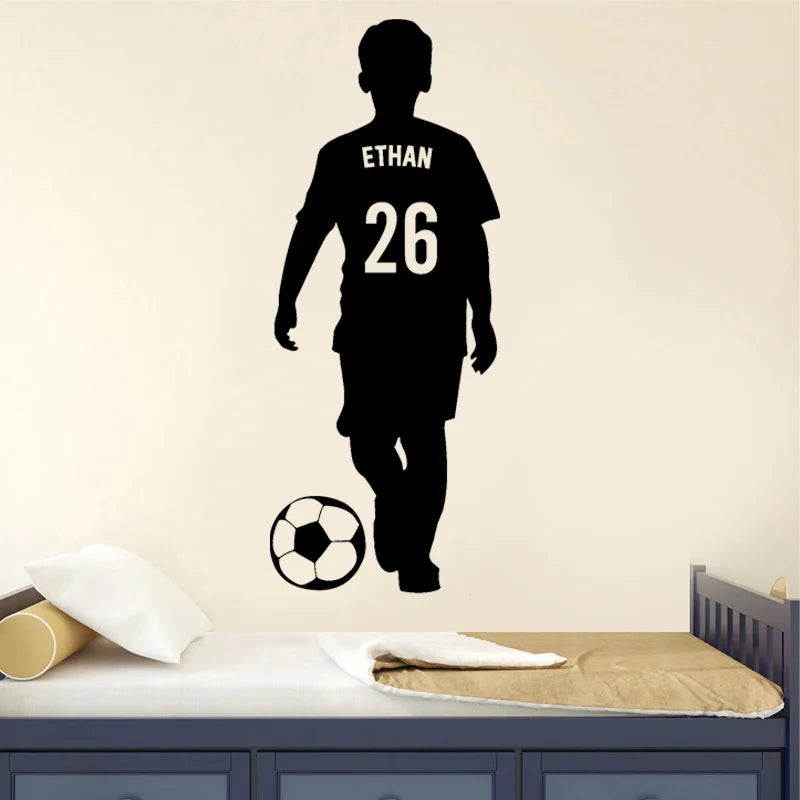 Custom Name and Number Soccer Player Wall Decal Home Decor for Boys Room Sport Football Vinyl Stickers Personalized Mural G001