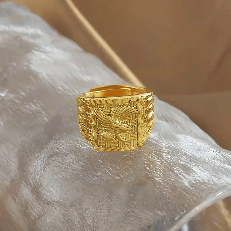 Real 100% Pure 24K Gold Color Eagle Ring for Men Brother Women Jewelry Open Engagement Wedding Finger Ring Oro Puro De 24 K Ring