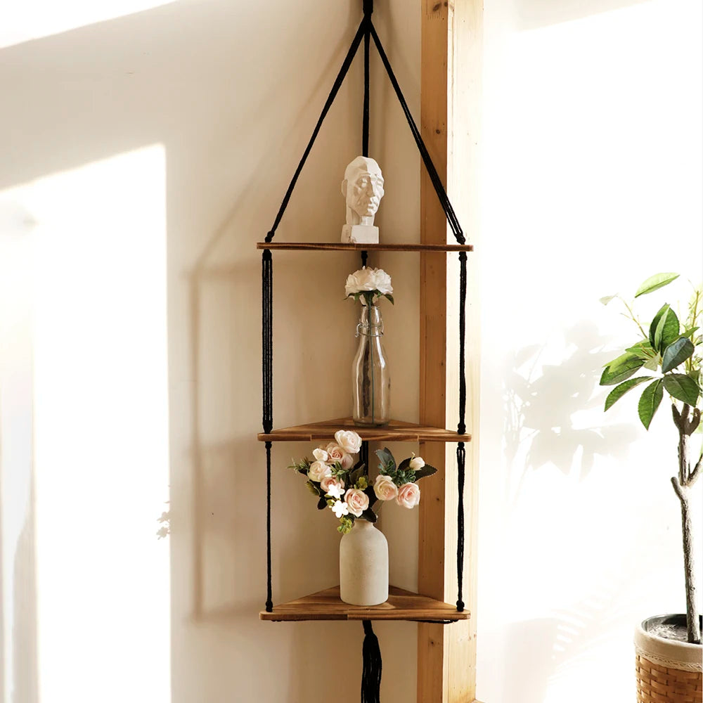 3-tier Triangle Wooden Wall Hanging Floating Wall Shelf Corner Storage Rack Home Decorations Plant Flower Pot Tray Display Stand